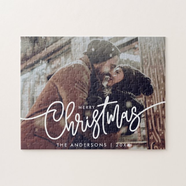 Modern Photo Merry Christmas Script Horizontal  Jigsaw Puzzle (Horizontal)