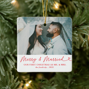Modern Photo Merry & Married Newlywed Christmas Ceramic Ornament