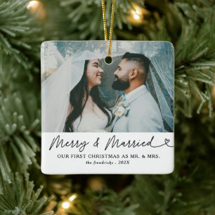Modern Photo Merry & Married Newlywed Christmas  Ceramic Ornament