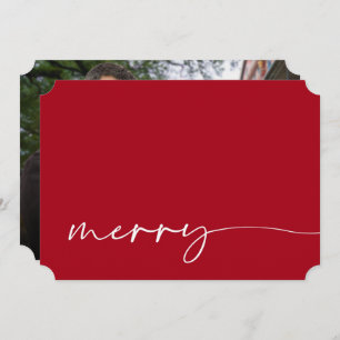 Modern Photo Merry Red White Calligraphy Christmas Holiday Card