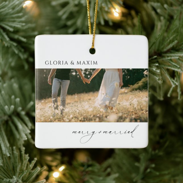 Modern Photo Minimal Elegant Newlywed Ceramic Ornament (Tree)