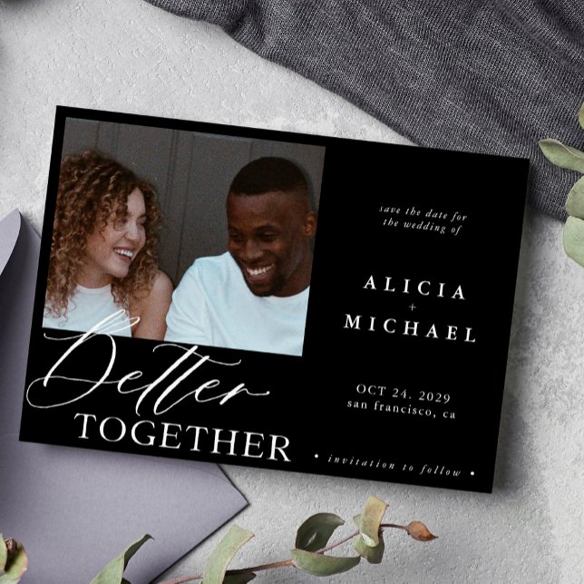 Modern photo minimalist black script chic wedding save the date (Creator Uploaded)