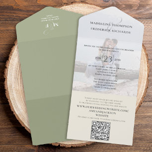 Modern Photo Minimalist Sage Green QR Code RSVP All In One Invitation