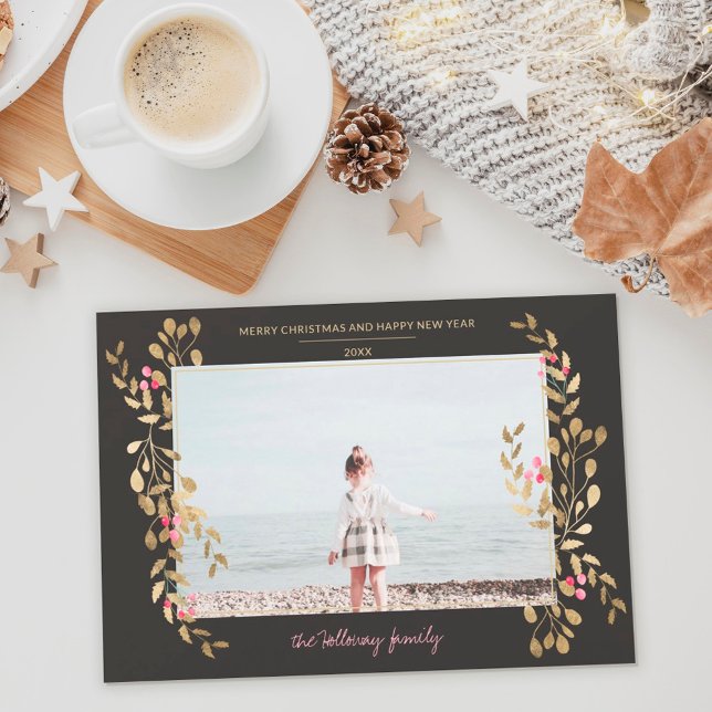 Modern photo mistletoe Christmas chic gold frame Holiday Card (Creator Uploaded)