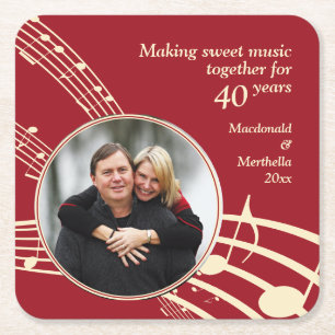 Modern Photo MUSIC 40th Ruby Wedding Anniversary Square Paper Coaster