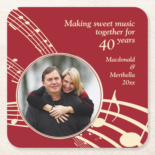 Modern Photo MUSIC 40th Ruby Wedding Anniversary Square Paper Coaster (Front)