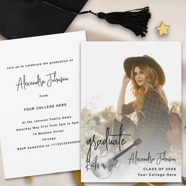 Modern Photo Music Graduation Party Invitation (Modern trendy vertical photo Graduation announcement party invitation rustic country music guitar)