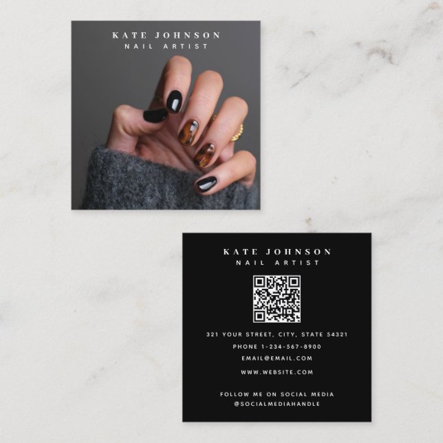Modern Photo Nail Artist Beauty Salon QR Code  Square Business Card (Front/Back)