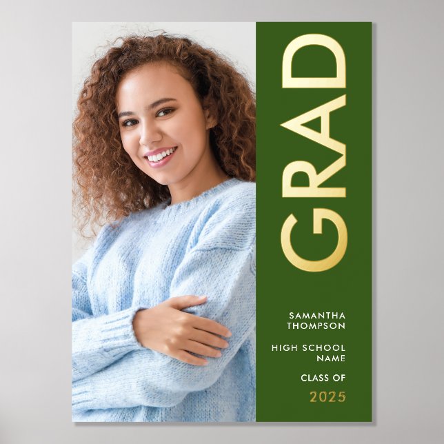 Modern Photo Name Class of 2025 Graduation Green  Foil Prints (Front)