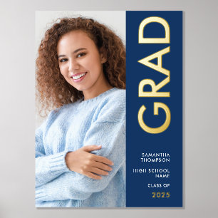 Modern Photo Name Class of Graduation Navy Foil Prints