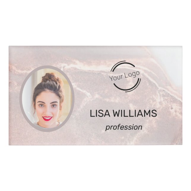 Modern Photo Name Tag – Rose Gold Stone Texture  (Front)