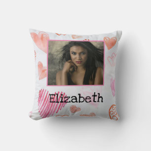 Modern Photo Name Watercolor Pink White Hearts Cushion