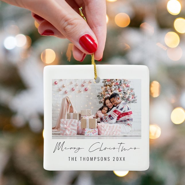 Modern Photo Name Year Script Merry Christmas Ceramic Ornament (Part of a collection of matching festive products)