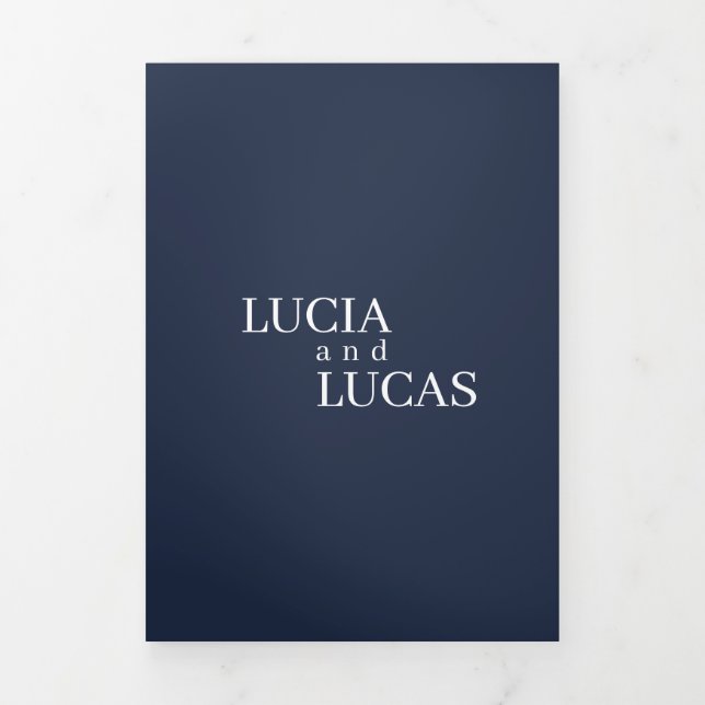 Modern Photo Navy Blue All-in-One Wedding Tri-Fold Programme (Cover)