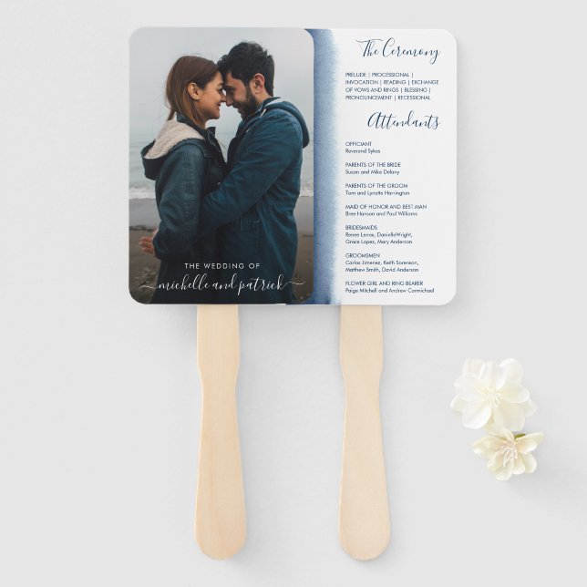 Modern Photo Navy Blue Elegant Wedding Program Hand Fan (Front and Back)
