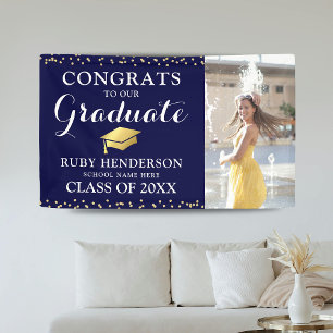 Modern Photo Navy & Gold Class of 2025 Graduation Banner