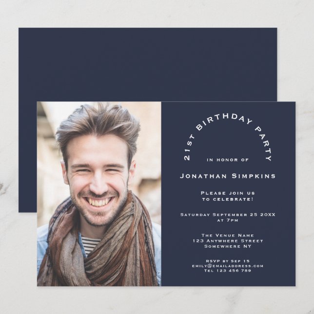 Modern Photo Navy Male 21st Birthday Party Invitation (Front/Back)