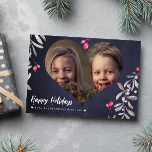 Modern photo navy pink holly berry Happy Holidays Holiday Card