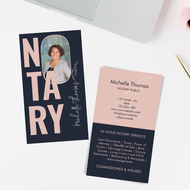 Modern Photo Navy Pink Notary Loan Signing Agent Business Card (modern typography blush pink navy)