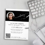 Modern photo notary signing agent QR Flyer<br><div class="desc">Modern trendy script professional legal certified notary attorney at law consultant custom personalised black and white promotional flyer with elegant calligraphy and pens.             Easy to personalise with your photo and your automatically generated scanning QR CODE to your website or social media on the back.</div>
