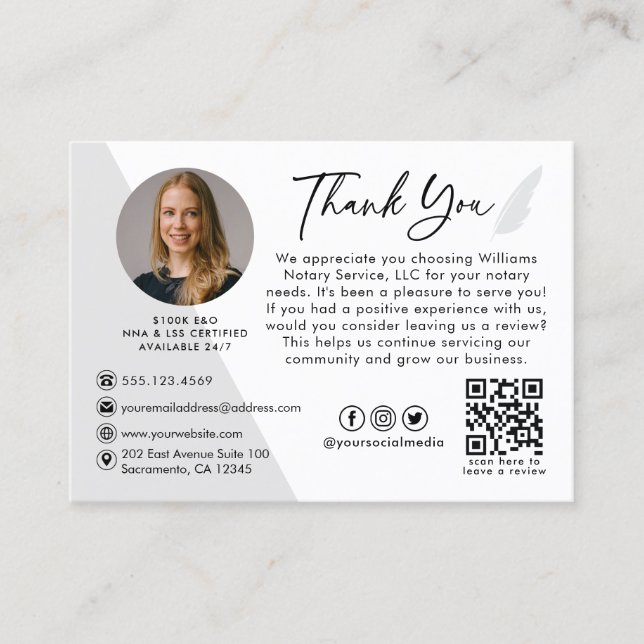 Modern Photo Notary Signing Agent Thank You  Business Card (Front)