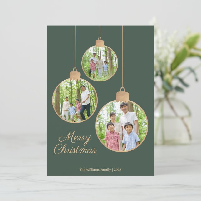 Modern Photo Ornament Green Christmas  Holiday Card (Standing Front)