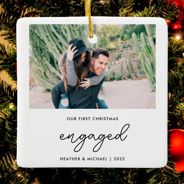 Modern Photo Our First Christmas Engaged  Ceramic Ornament (Creator Uploaded)
