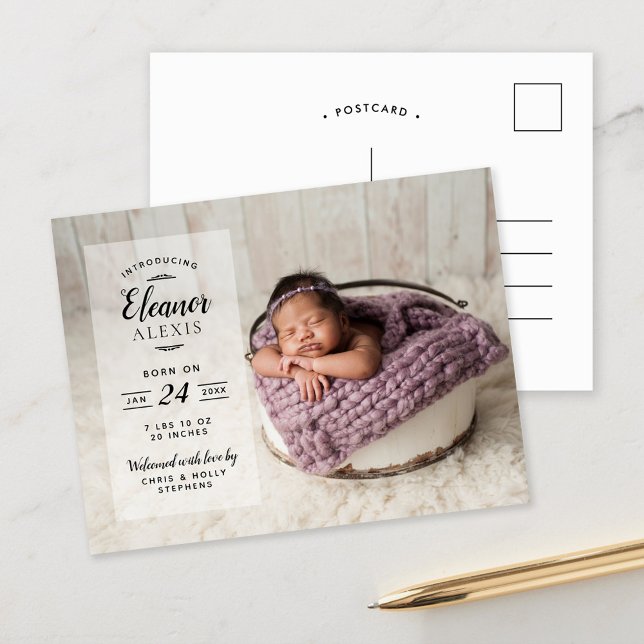 Modern Photo Overlay Birth Announcement Postcard (Creator Uploaded)