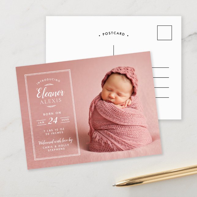 Modern Photo Overlay Birth Announcement Postcard (Creator Uploaded)