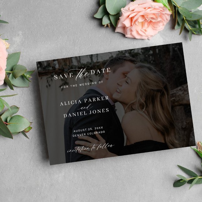 Modern photo overlay black wedding save the date (Creator Uploaded)