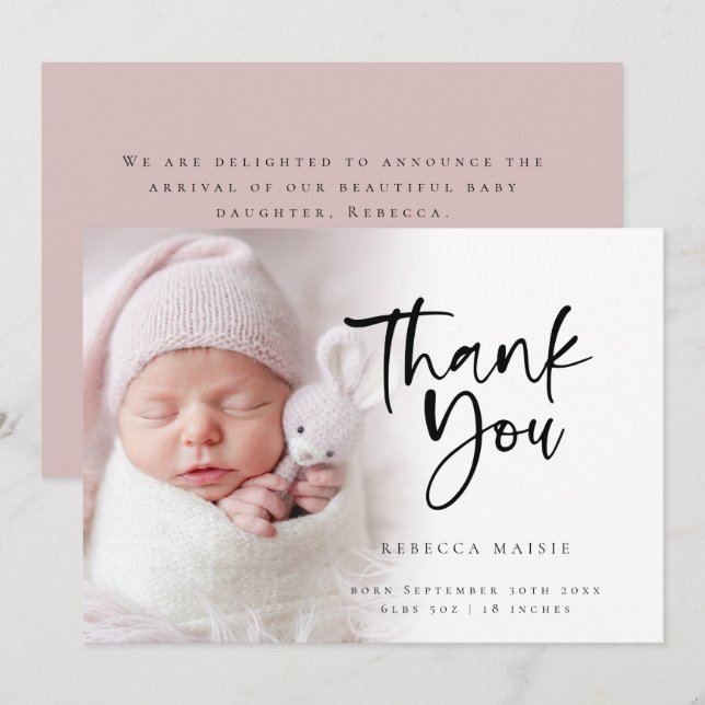 Modern Photo Overlay Girl Thank You Birth  Announcement (Front/Back)