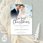 Modern Photo Overlay Our First Christmas Mr Mrs Holiday Card<br><div class="desc">Modern Photo Overlay Our First Christmas as Mr Mrs.  Available digitally and printed. Lovely to celebrate your 1st married Christmas. A playful set script for Our First Christmas and the rest of the text is easy to personalise. Replace the sample photo with your own favourite.</div>