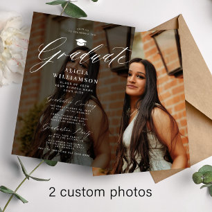 Modern photo overlay script black graduation party invitation