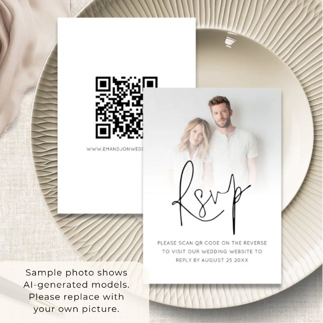 Modern Photo Overlay Script QR Code Wedding RSVP Card (Creator Uploaded)