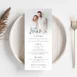 Modern Photo Overlay Script Wedding Menu<br><div class="desc">Modern Photo Overlay Script Wedding Menu. An informal set typography in black for the main heading Menu complementing the rest of the text which you can easily personalise. Replace the sample photo with your own favourite.</div>