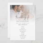 Modern Photo Overlay Script Wedding Program Card<br><div class="desc">Modern Photo Overlay Script Wedding Program. The main header is in a stylish set script and the rest of the text you can easily personalise. You can change the text and background colours if you wish to match your wedding colour theme via the Customise Further option as well as other...</div>