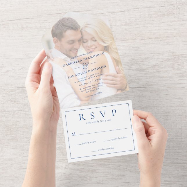 Modern Photo Overlay Wedding RSVP Blue All In One Invitation (Tearaway)