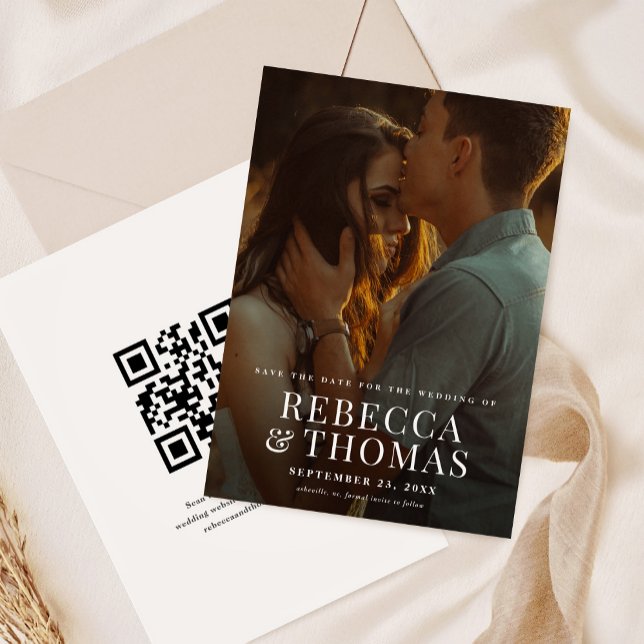 Modern Photo Overlay Wedding Save The Date (Simple photo wedding save the date with elegant overlay type on the front and qr code on the back.)