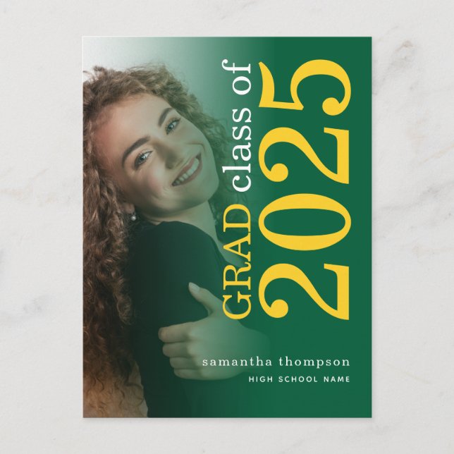 Modern Photo Overlay Yellow Green 2025 Graduation  Announcement Postcard (Front)
