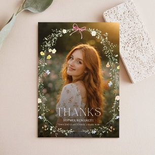 Modern Photo Pink Bow Floral Graduation Thank You Postcard