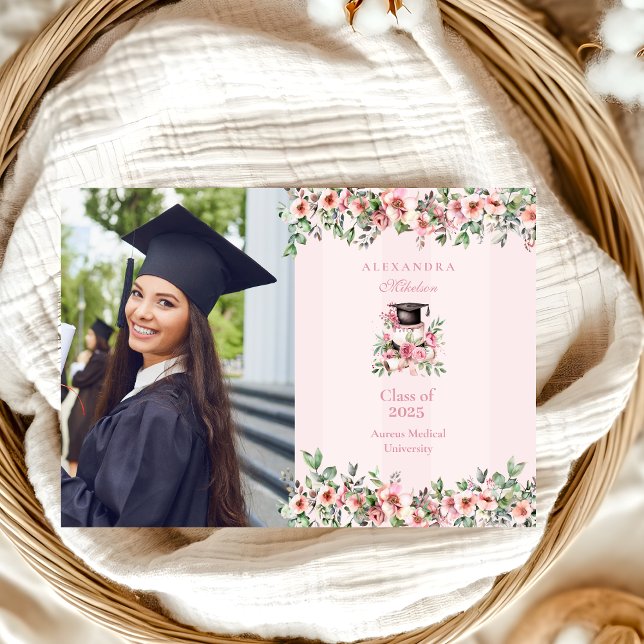 Modern Photo Pink Floral Graduation Party Announcement (Creator Uploaded)