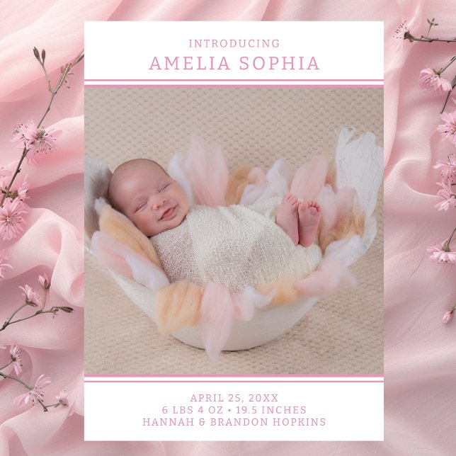 Modern Photo Pink Girl Birth Announcement (Creator Uploaded)