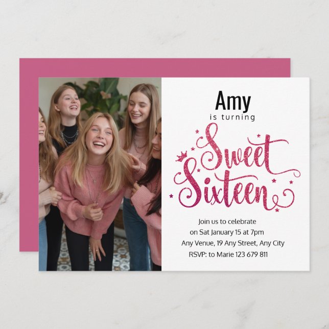 Modern Photo Pink Glitter Sweet 16th Birthday  Invitation (Front/Back)