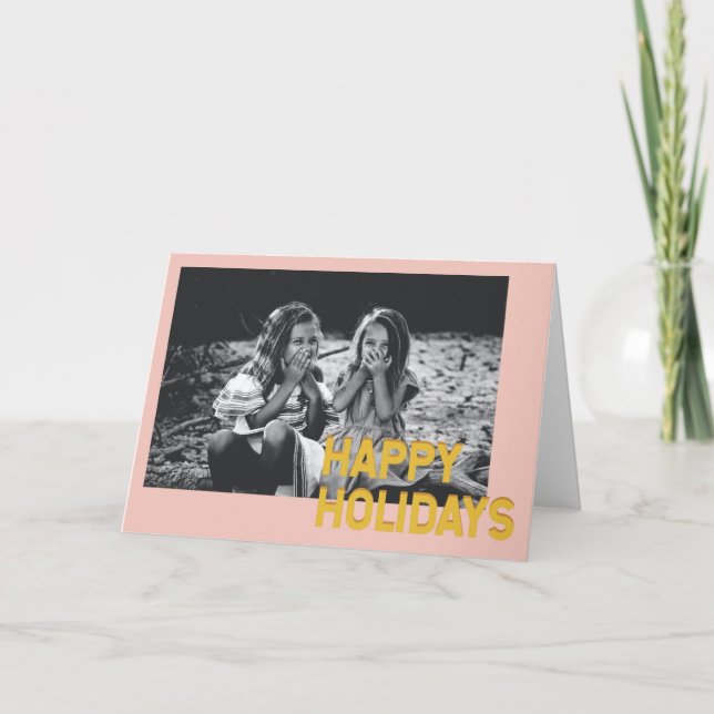 Modern Photo Pink Gold Typography Festive  Holiday Card (Front)