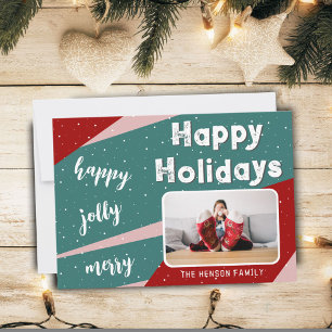 Modern Photo Pink Green Orange Stripes Christmas  Holiday Card