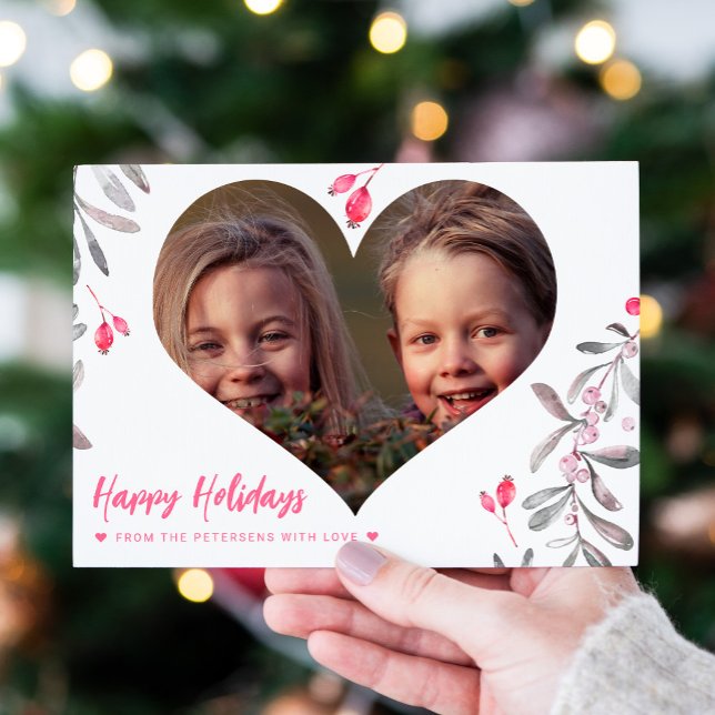 Modern photo pink holly berries Happy Holidays Holiday Card (Creator Uploaded)