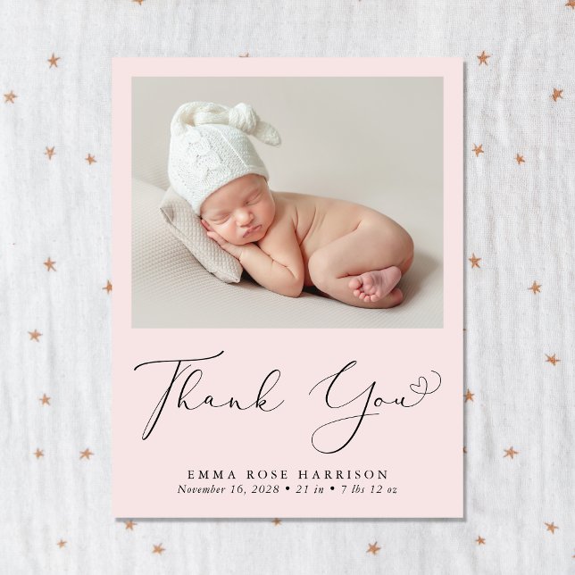 Modern Photo Pink Thank You Birth Announcement Postcard (Creator Uploaded)