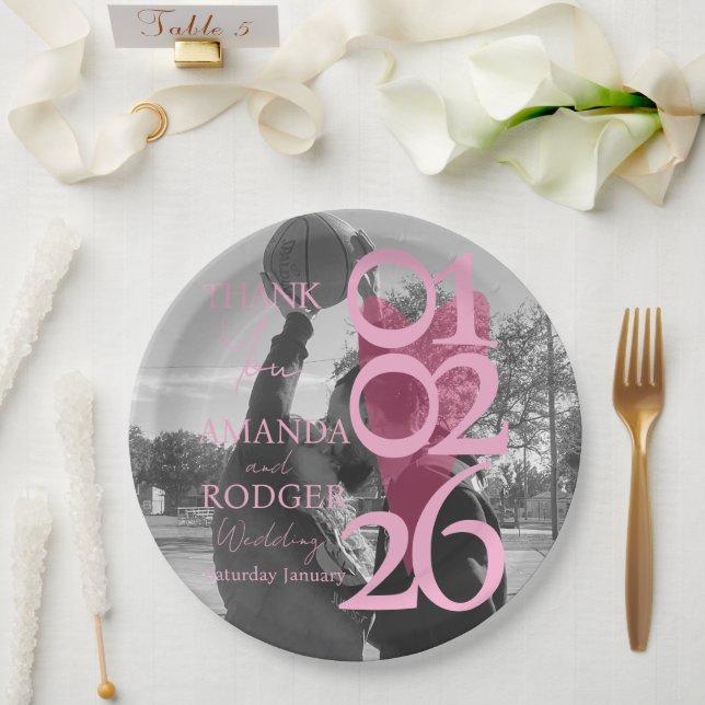 Modern Photo Pink Typography  Thank You Card Paper Plate (Wedding)