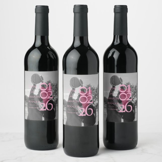 Modern Photo Pink Typography  Thank You Wine Label (Bottles)