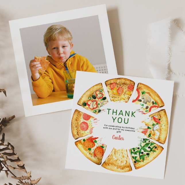 Modern Photo Pizza Birthday Party Thank You Card (Creator Uploaded)